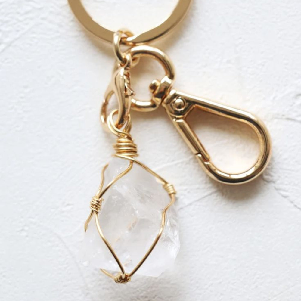 Raw Quartz Crystal Keychain with Gold Wire Wrap – Soulstones Collective